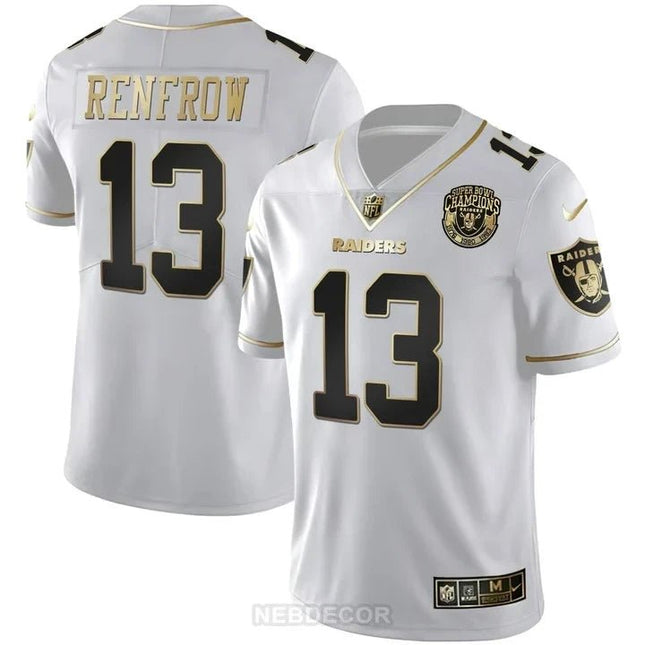 MEN'S RAIDERS SUPER BOWL CHAMPIONS PATCH WHITE GOLD AND BLACK GOLD JERSEY - ALL STITCHED LVRAI_KDZ - KINDOZY