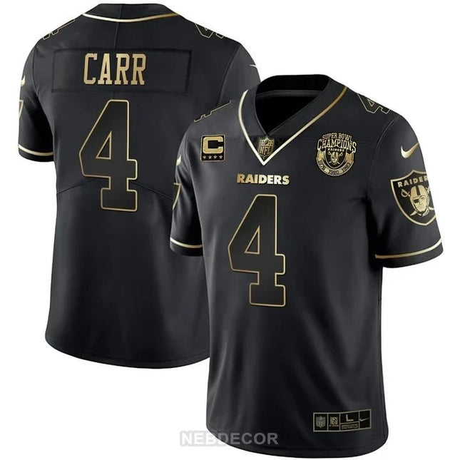 MEN'S RAIDERS SUPER BOWL CHAMPIONS PATCH WHITE GOLD AND BLACK GOLD JERSEY - ALL STITCHED LVRAI_KDZ - KINDOZY