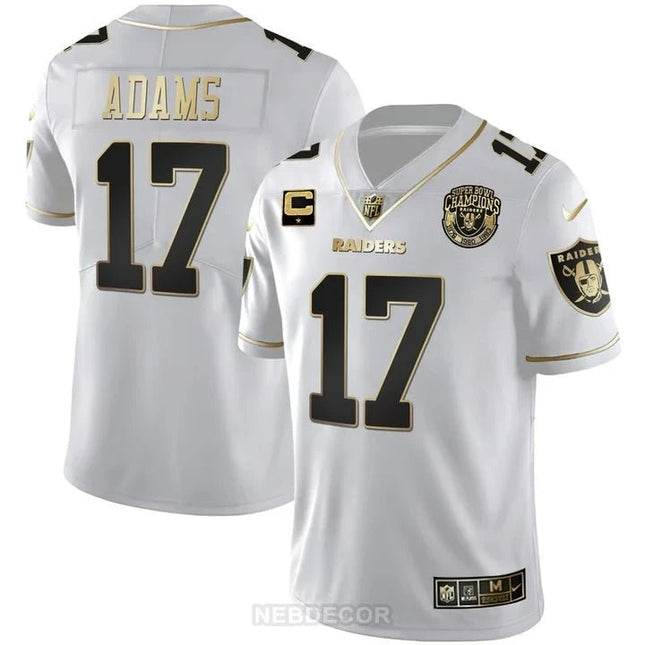 MEN'S RAIDERS SUPER BOWL CHAMPIONS PATCH WHITE GOLD AND BLACK GOLD JERSEY - ALL STITCHED LVRAI_KDZ - KINDOZY